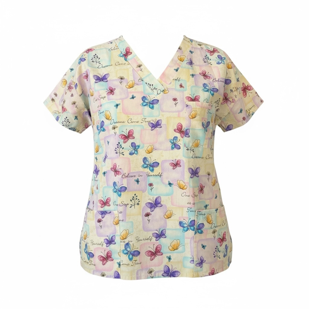 Women's Butterfly Print Medical Scrub Top, Short Sleeve V-Neck Nursing Uniform,